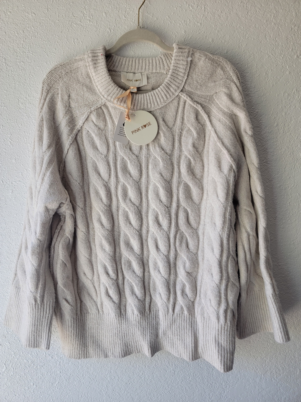 Pink Rose Cream Cable-Knit Crewneck Sweater
